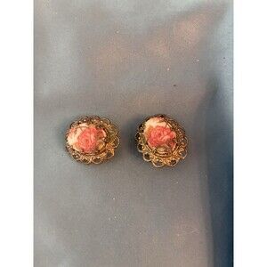 Vtg Pair Women’s Clip On Earrings Vtg West Germany Brass Filigree Pink Floral